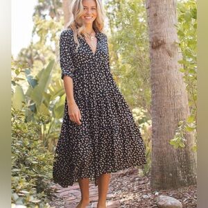 Natural Life Rebecca Midi Dress Black and Cream Roses Boho Prairie Comfy- Size S